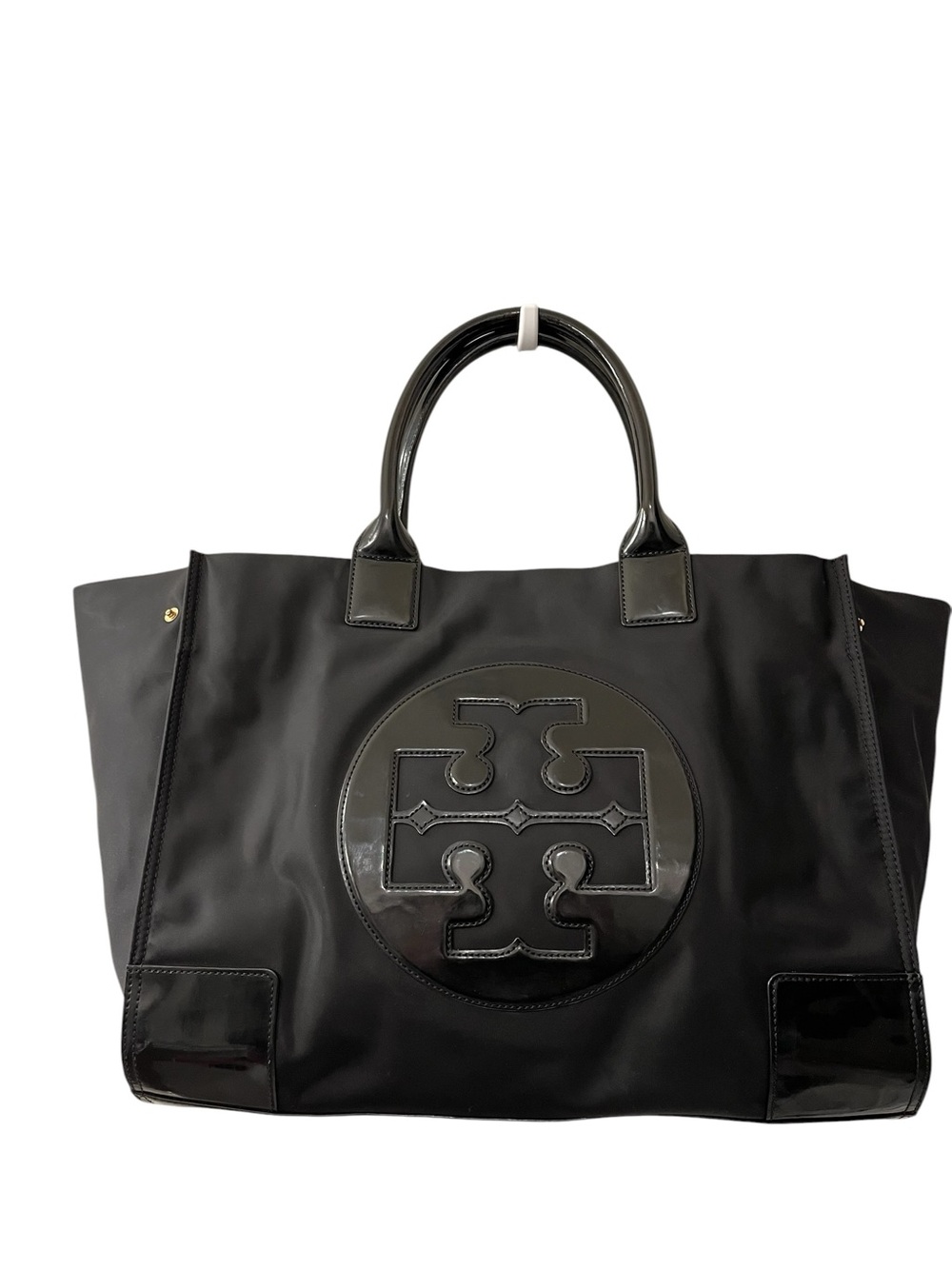 Tory Burch Large Ella Expandable Black Nylon Logo Tote with Patent Leather Trim - Picture 3 of 11